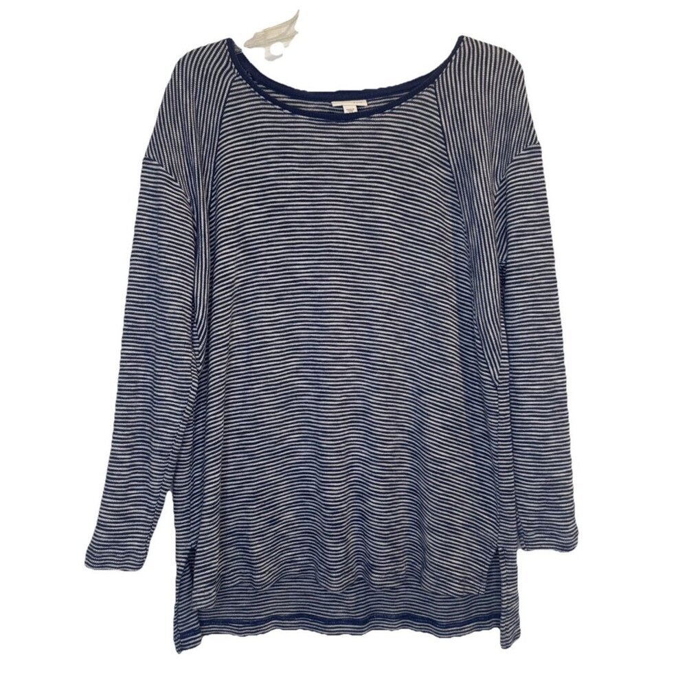 J Jill Womens Blue White Stripe Scoop Neck Long Sleeve Knit Tunic Blouse Top L